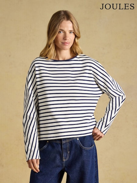Crema y rayas azul marino - Joules 100% Cotton Ribbed Batwing Jersey Top