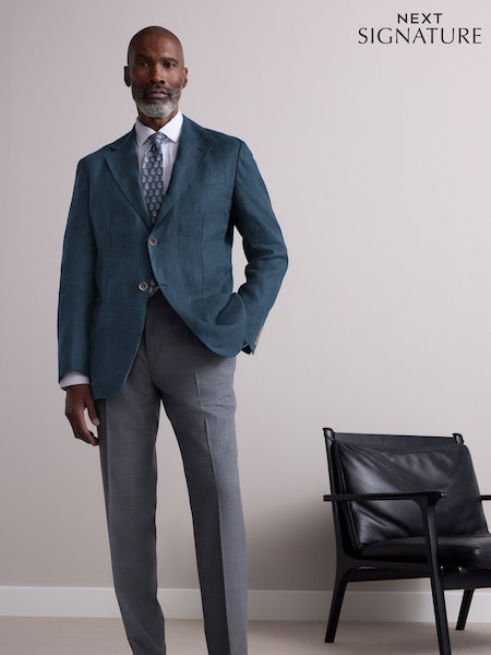 Navy Blue Regular Fit Signature 100% Linen Textured Blazer (E61785) | €199