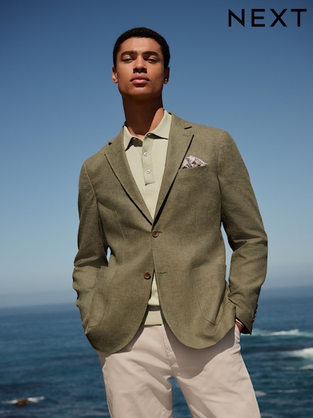 Khaki Vihreä - Normaali istuvuus - Textured Linen Blend Blazer (E61786) | €122