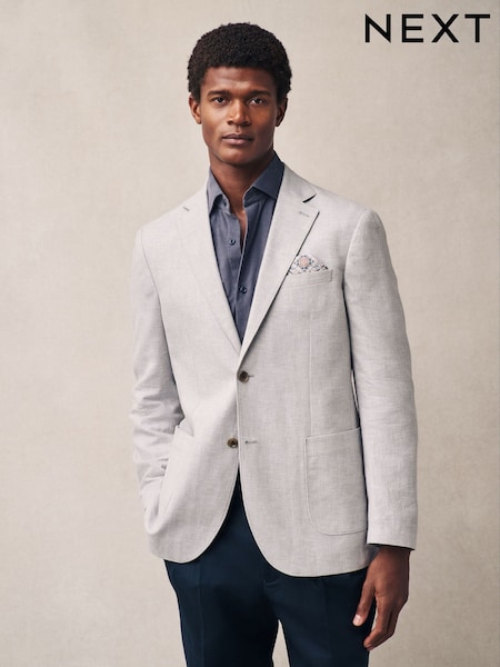 Vaalean harmaa - Normaali istuvuus - Textured Linen Blend Blazer (E61801) | €122