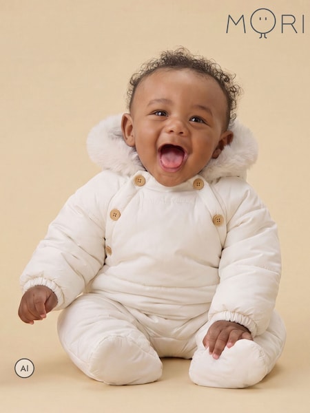 Cream - Mori Faux Fur Lined Embroidered Snowsuit