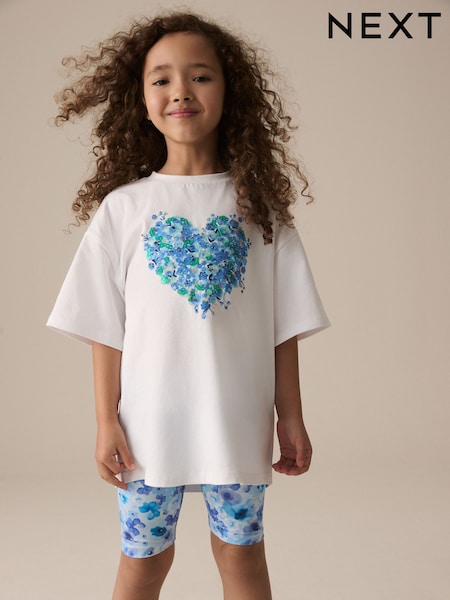 Purple/Aqua Sequin Heart T-Shirt And Cycling Shorts Set (3-16yrs) (E61973) | AED56 - AED78