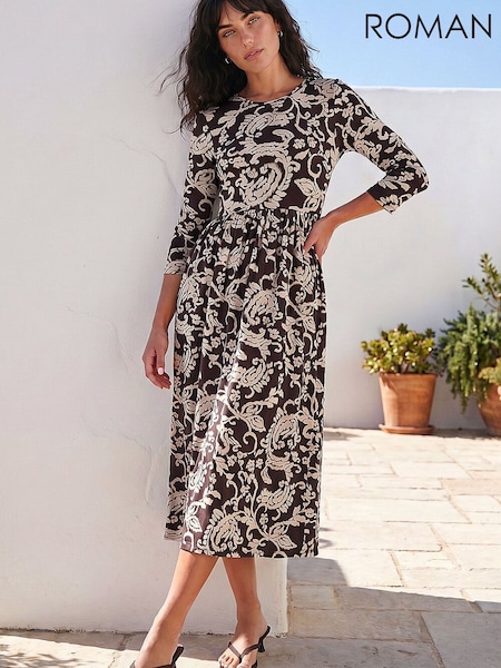 Brown - Roman Leaf Print Pocket Dress