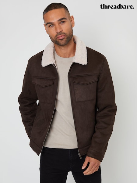 بني داكن - Regular Threadbare Faux Suede Borg Lined Aviator Jacket