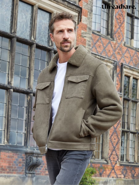 Green - Regular Threadbare Faux Suede Borg Lined Aviator Jacket