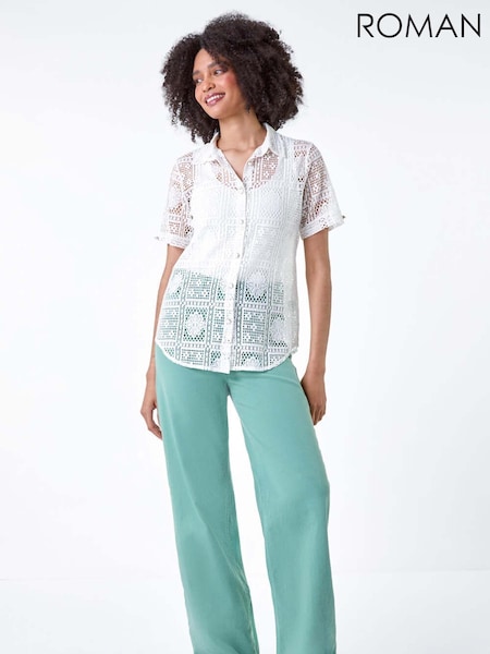 Roman White Lace Button Through Shirt (E62044) | AED116