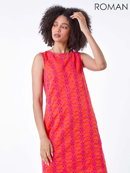 Roman Orange Floral Embroidered 100% Cotton Shift Dress (E62053) | AED153