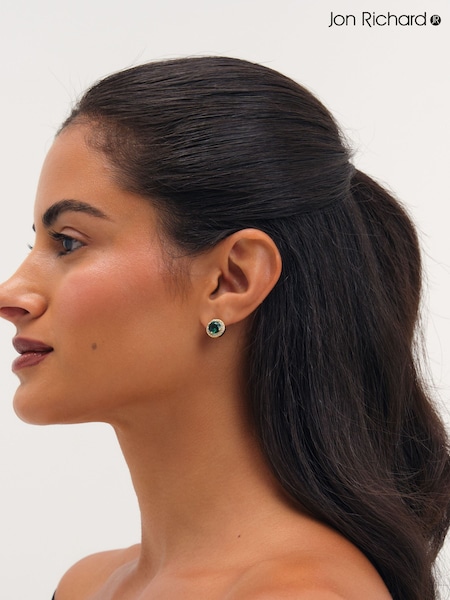 Gold - Jon Richard Plated Cubic Zirconia Emerald Halo Stud Earrings