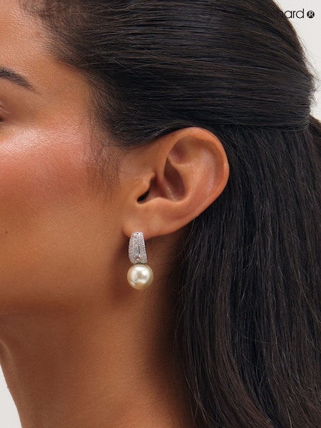 Silver - Jon Richard Rhodium Plated Pearl And Pave Drop Hoop Earrings