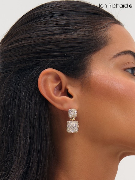 Gold - Jon Richard Plated And Pave Square Double Drop Earrings