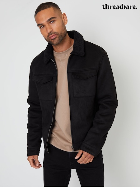 Melns - Regular Threadbare Faux Suede Borg Lined Aviator Jacket