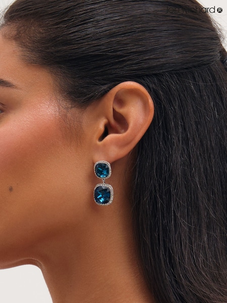 Silber - Jon Richard Rhodium Plated And Sapphire Double Drop Halo Earrings