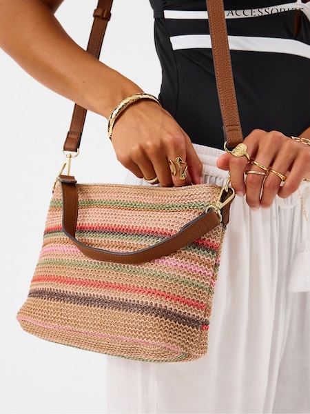 Brown - Accessorize Woven Stripe Raffia Crossbody Bag