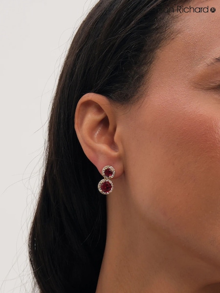Gold Tone Ruby Red Stone - Jon Richard Rhodium Plated Cubic Zirconia Double Halo Drop Earrings