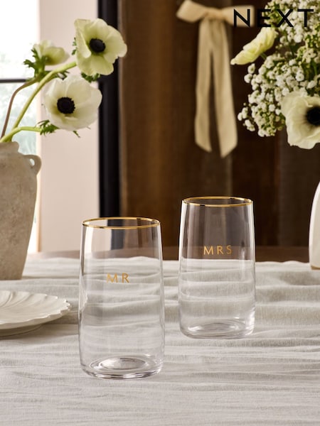 Set of 2 Clear Mr and Mrs Country Wedding Tumbler Glasses (E62486) | €16