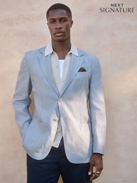 Blue Regular Fit Signature 100% Linen Textured Blazer (E62507) | €199