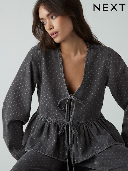 Black Polkadot 100% Cotton Tie Front Smock Blouse (E62521) | €17.50