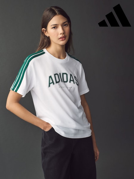 adidas White Lounge Soft Side Collegiate Graphic T-Shirt (E62561) | R$ 195