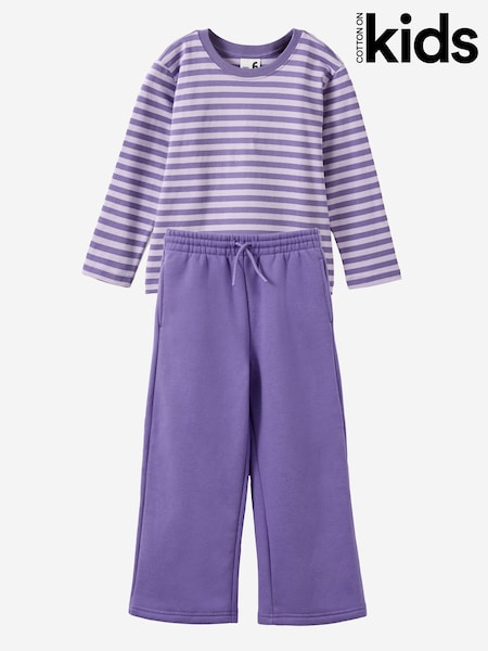 סגול - Cotton On Essential Long Selves Boxy T-shirt & Wide Leg Joggers Set