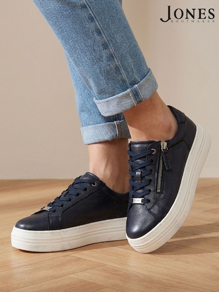 Blue - Jones Bootmaker Amaliadawide Wide Fit Leather Platform Trainers