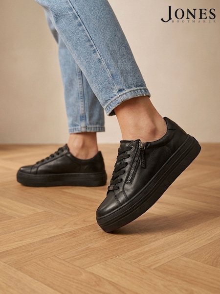 Black - Jones Bootmaker Amaliadawide Wide Fit Leather Platform Trainers