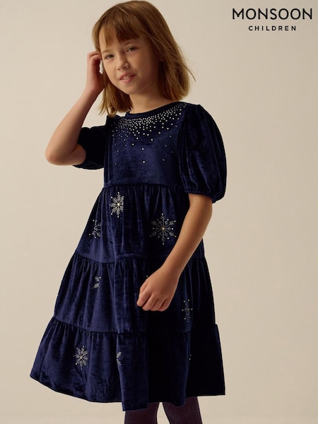 藍色 - Monsoon Snowflake Sparkle Velour Party Dress