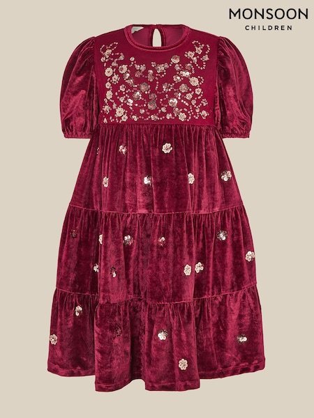 Red - Monsoon Macie Sequin Floral Velour Dress