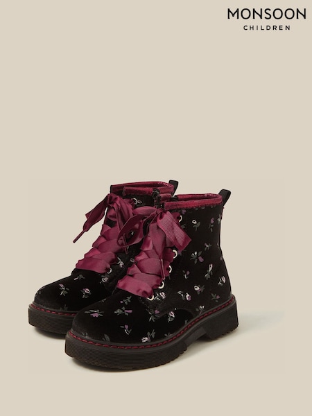 Black - Monsoon Floral Velvet Lace-up Boots