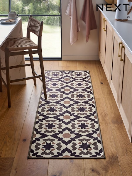 Chocolate Brown Washable Geometric Tile Runner (E62671) | €50 - €73