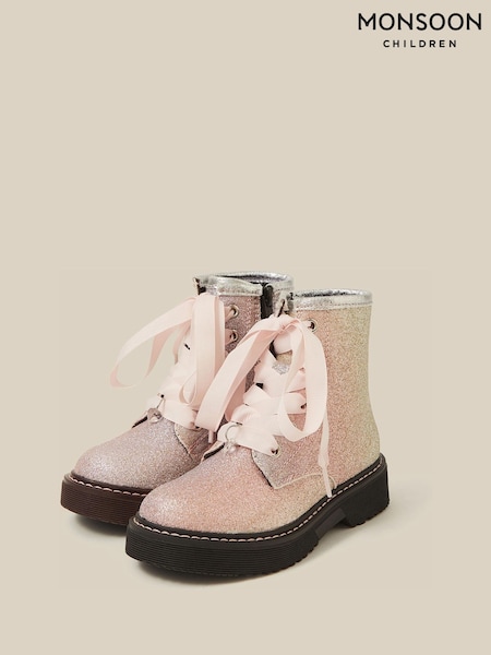 Pink - Monsoon Ombré Glitter Lace-up Boots
