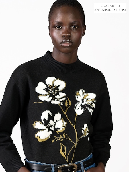 Black - French Connection Oriana Floral Neck Jumper