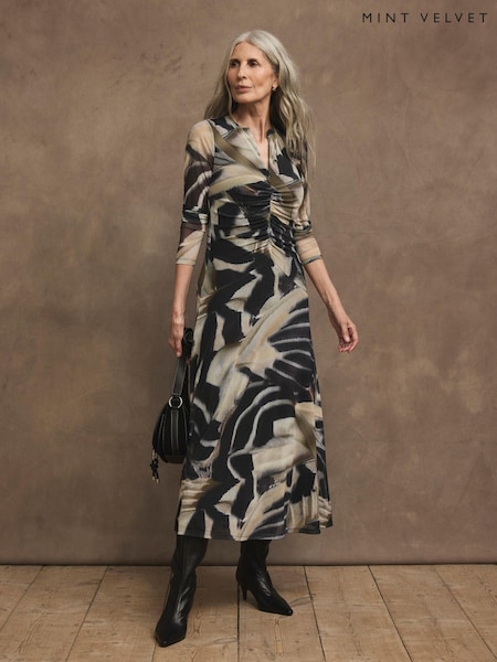 Black - Mint Velvet Abstract Print Mesh Midi Dress