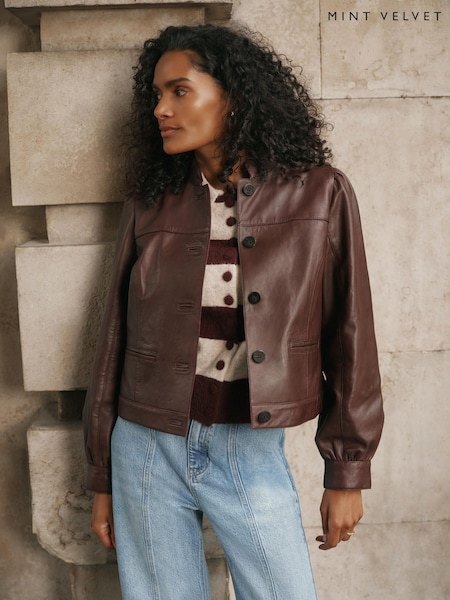 Brun - Mint Velvet Veste en cuir à manches bouffantes
