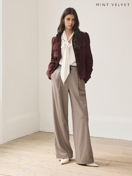 Czerwony - Mint Velvet Checked Contrast Waist Wide Leg Trousers