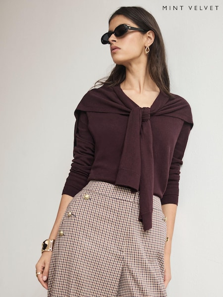 Wine Red - Mint Velvet Cotton Blend Scarf Detail Knit Cardigan
