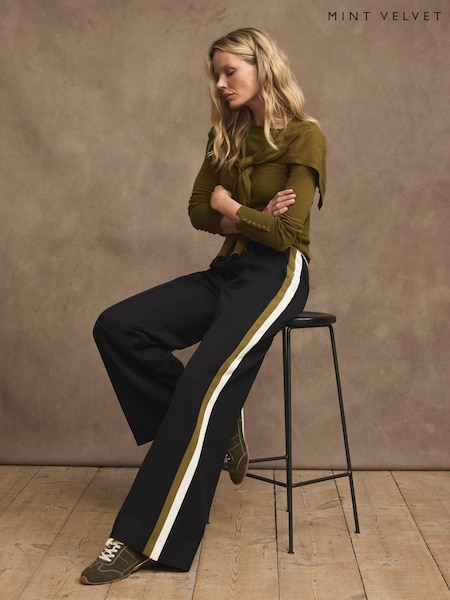 Czarny - Mint Velvet Side Stripe Tie Waist Wide Leg Trousers
