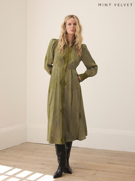 Green - Mint Velvet Satin Printed Midi Shirt Dress
