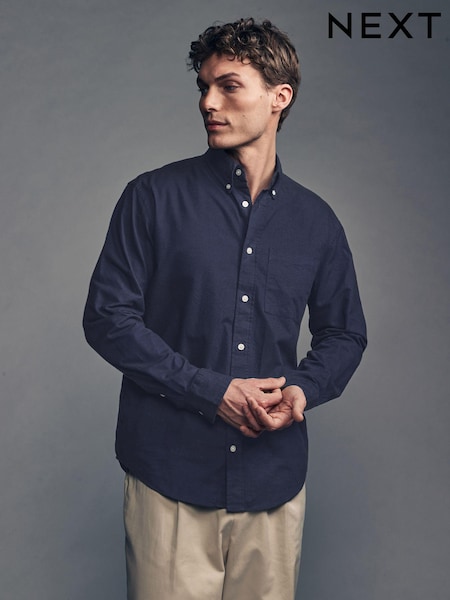 Navy Blue Brushed 100% Cotton Oxford Long Sleeve Shirt (E62819) | 69 QAR