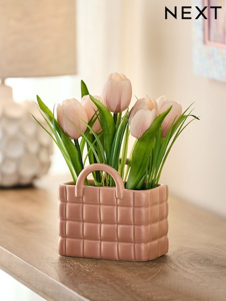 Pink Artificial Tulips in Ceramic Bag Vase (E62890) | kr295