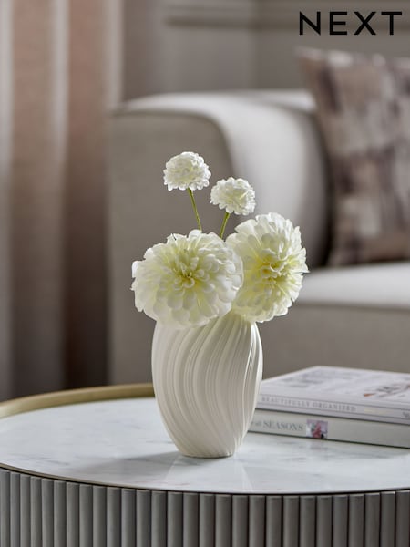 White Artificial Dahila Arrangement In Ceramic Pleated Vase (E62891) | €32