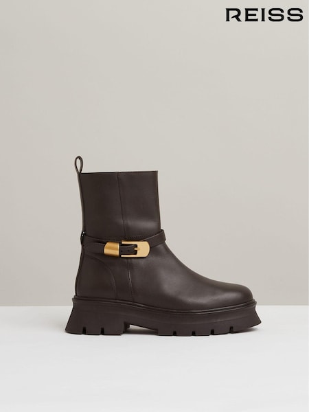 Reiss Chocolate Elena Leather Cleated Ankle Boots (E62931) | €125