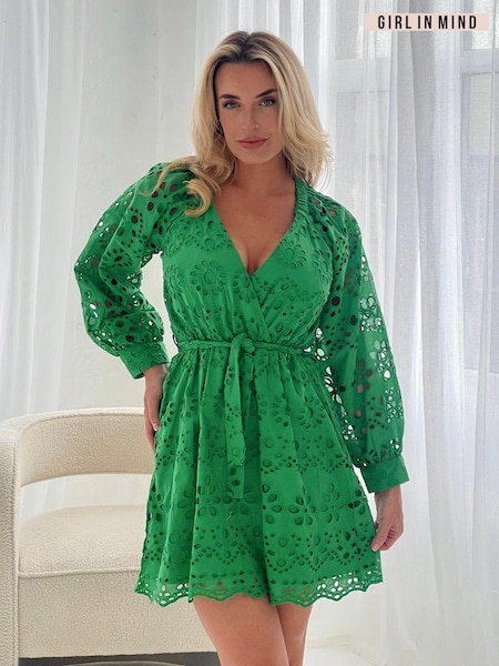 Girl In Mind Elowen Broidery Wrap Neck 100% Cotton Mini Dress (E62950) | 196 LEI