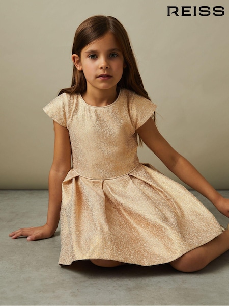 Reiss Gold Nia 9-13 yrs Metallic Pleated Cap Sleeve Dress (E63075) | €100