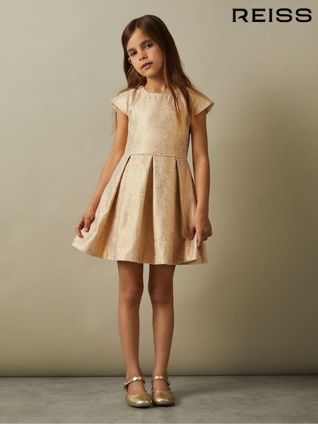 Reiss Gold Nia 4-9 yrs Metallic Pleated Cap Sleeve Dress (E63078) | $108