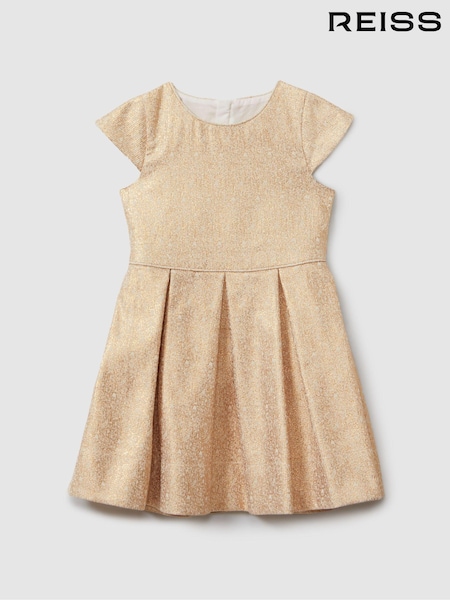 Reiss Gold Nia 13-14 yrs Metallic Pleated Cap Sleeve Dress (E63080) | $126