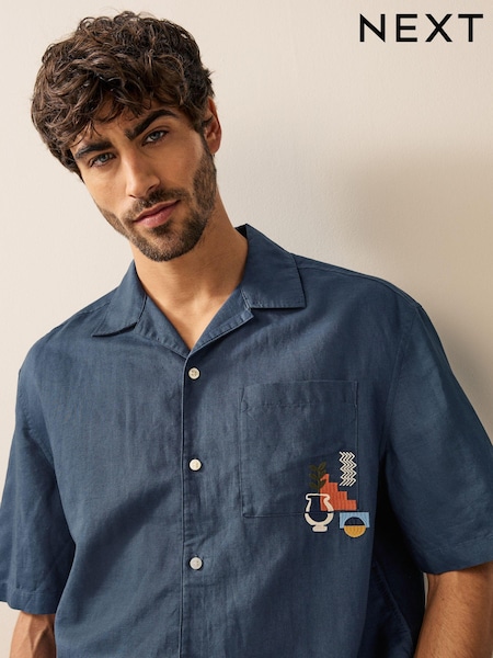 Albastru - Short Sleeve Linen Blend Embroidered Shirt With Cuban Collar (E63155) | 151 LEI