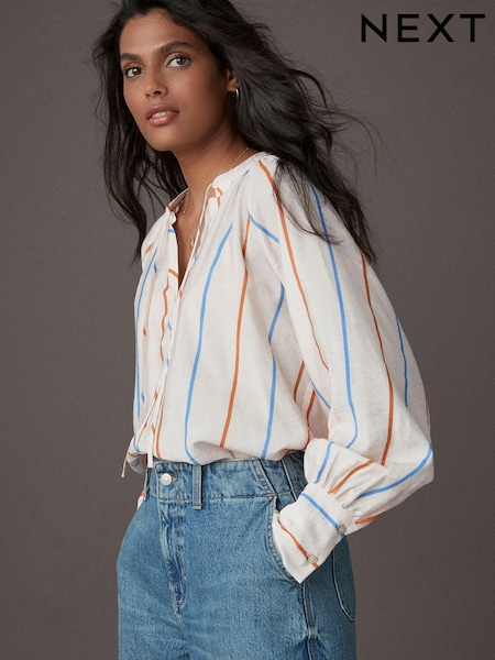 Ecru Stripe Tie Neck Long Sleeve Blouse (E63157) | 1,590 UAH