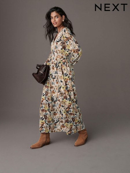 Cream Ditsy Floral Print V-Neck Boho Belted Jersey Midi Shirt Dress (E63158) | €61.50