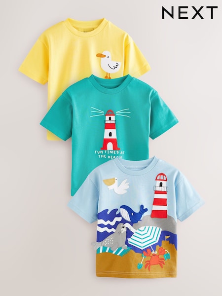 Blue/Yellow Seaside - Short Sleeve Appliqué T-Shirts 3 Pack (3mths-7yrs) (E63182) | 26 € - 32 €