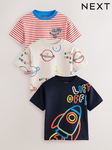 Rojo/azul con diseño espacial - Pack de 3 camisetas de manga corta (3 meses-7 años) (E63184) | 21 € - 26 €